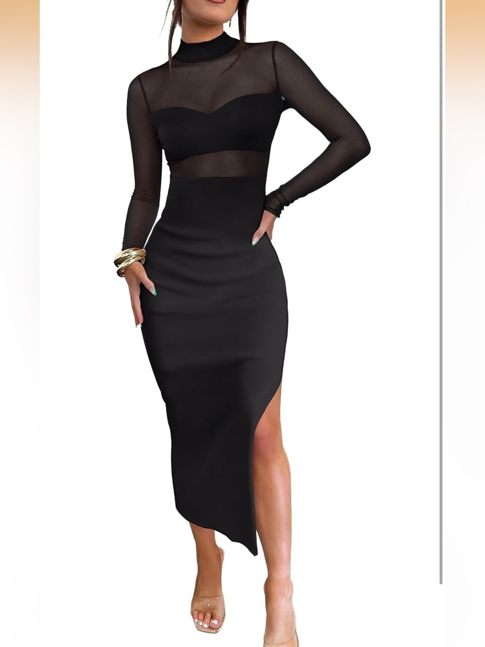 NWT - Sheer Panel Black Midi Dress with Side Slit C#1